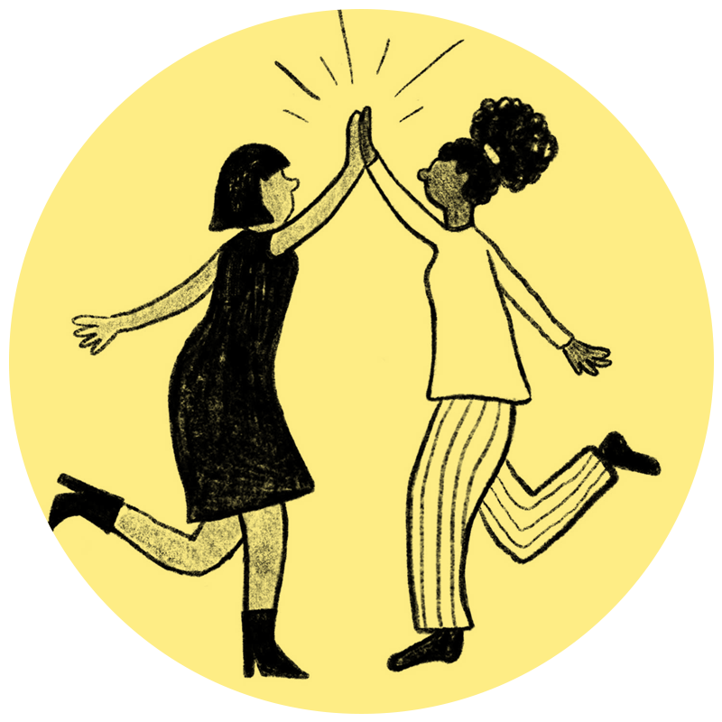 Sketch on yellow background of two women giving each other a high five, representing women in leadership at Spiral Up, founded by Wendy Wallbridge